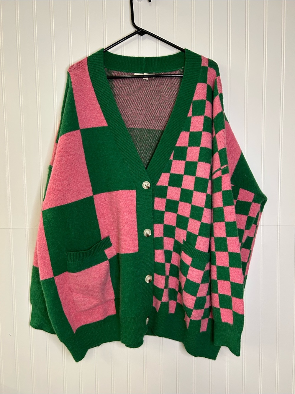 Jade by Jane Oversized Pink & Green Checkerboard Cardigan Size S/M